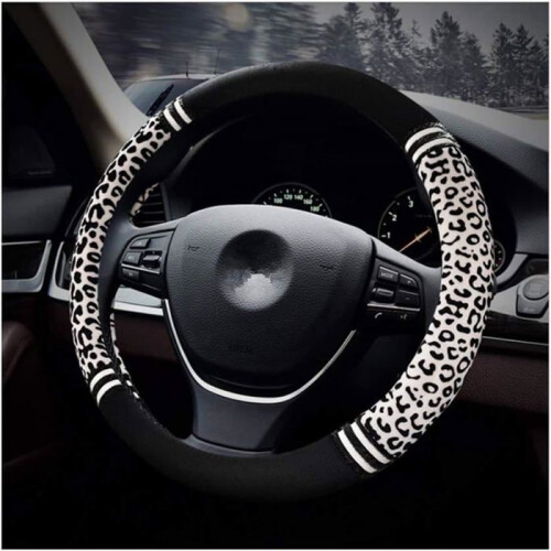 Steering wheel cover - PZCC - White leopard print - Diameter 38 cm - Plush - Universal