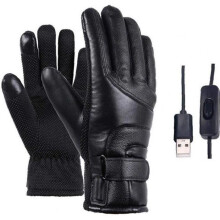 AC12785-Electric Winter Heated Gloves, USB Thermal Gloves, Touchscreen Compatible, Waterproof, Black Leather for Women and Men, Skiing