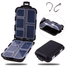 Fishing tackle storage boxes: Plastic with dividers, storage for lures and hooks, black