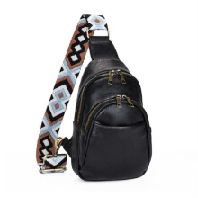 Women's Retro PU Leather Chest Bag, Small Crossbody Bag with Wide Adjustable Shoulder Strap - Black