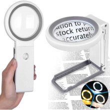 Reading Magnifier, Handheld Illuminated Magnifier with Stand and 18 LED Lights, 10X 30X Tabletop Magnifier with Folding Stand for