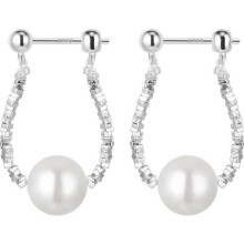 Silver Crushed Bead Hoop Drop Earrings with Large Imitation Pearl