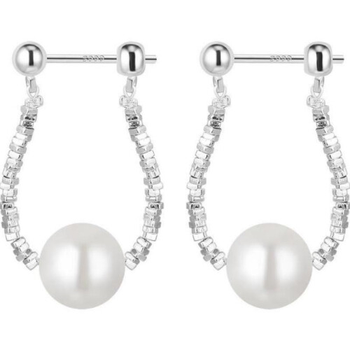 Silver Crushed Bead Hoop Drop Earrings with Large Imitation Pearl