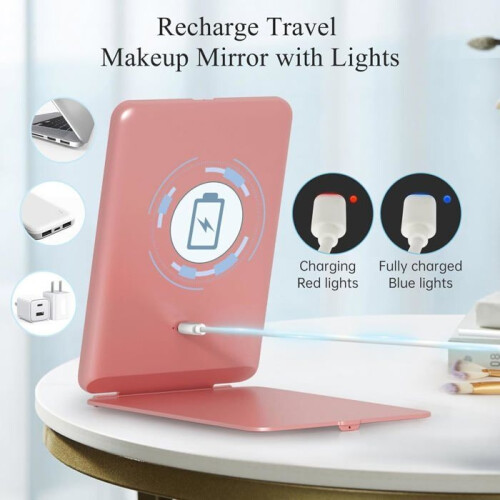 RisingFF Portable LED Makeup Mirror, 3 Light Colors, Adjustable Intensity Touchscreen, Foldable (Pink) 1