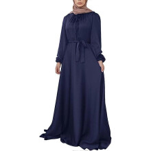 (XXL, Dark Blue) Muslim Dress for Women Full Cover Long Sleeve Satin Islamic Arab Maxi Dress with Hijab Abaya Kaftan Clothes