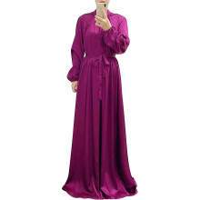 (L, Purple) Muslim Dress for Women Full Cover Long Sleeve Satin Islamic Arab Maxi Dress with Hijab Abaya Kaftan Clothes