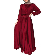 (XL, Wine Red) Muslim Dress for Women Full Cover Long Sleeve Satin Islamic Arab Maxi Dress with Hijab Abaya Kaftan Clothes