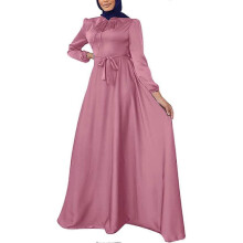 (L, Pink) Muslim Dress for Women Full Cover Long Sleeve Satin Islamic Arab Maxi Dress with Hijab Abaya Kaftan Clothes
