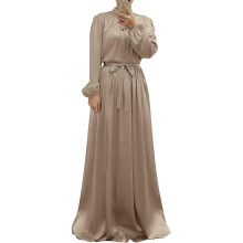 (XL, Champagne) Muslim Dress for Women Full Cover Long Sleeve Satin Islamic Arab Maxi Dress with Hijab Abaya Kaftan Clothes