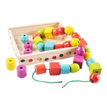Wooden Beads - 30 Pieces - Bright Colors - Various Shapes - Includes 2 Colorful Laces