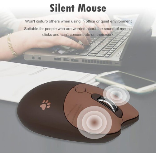 Silent 2.4 GHz wireless mouse for girls with USB receiver, 4 programmable buttons, Coffee 2