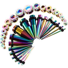 (Rainbow) Ear Stretching Plugs Kit Metal 18Pcs Ear Stretchers Tapers + 18Pcs Flesh Tunnel Double Flared Stainless Steel 16mm-10mm