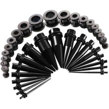 (Black) Ear Stretching Plugs Kit Metal 18Pcs Ear Stretchers Tapers + 18Pcs Flesh Tunnel Double Flared Stainless Steel 16mm-10mm