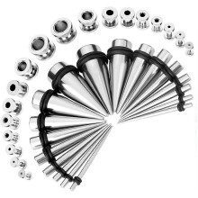 (Silver) Ear Stretching Plugs Kit Metal 18Pcs Ear Stretchers Tapers + 18Pcs Flesh Tunnel Double Flared Stainless Steel 16mm-10mm
