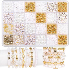 Set of 1000 beads for jewelry making: alphabet beads, gold spacer beads, imitation beads, charms