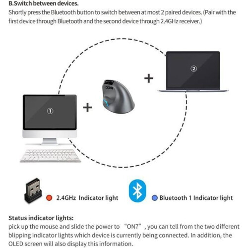 2pcs Wireless Bluetooth Mice with LED Screen, Rechargeable, 7 Buttons, 3200 DPI, Ergonomic Wireless Mouse, Vertical Mouse, Gray 1