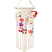Bohemian Macrame Hair Bow Holder with Clips - Wall Organizer for Hair Bands, Fringes, and Pom-poms - Ivory