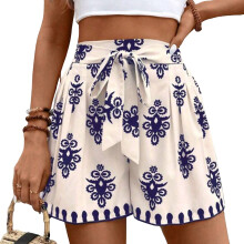 Women Casual Shorts Drawstring Elastic Waist Shorts-Beige M