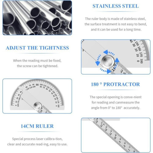 Stainless Steel Angle Protractor, Round Head Goniometer, 180 Degree Adjustable for Engineers 1