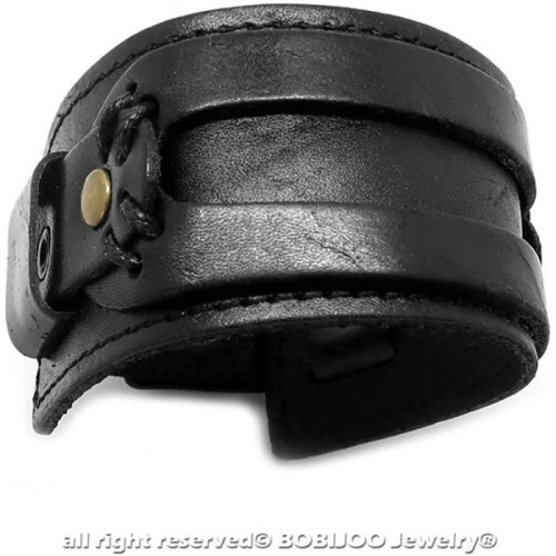 Bracelet - Leather - Black - Adjustable - Metal Rivets - Men's 1