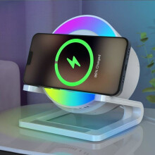 Bluetooth speaker with night light and wireless charger, touch-dimmable bedside lamp with 5 RGB lighting modes
