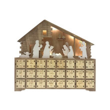 Carved Wooden Advent Calendar with 24 Drawers and Nativity Scene - MOBILI REBECCA - Light Brown