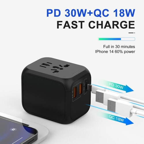 Universal adapter with 30W, 2 USB-A, 1 USB-C power adapter - Compatible with over 100 countries 2