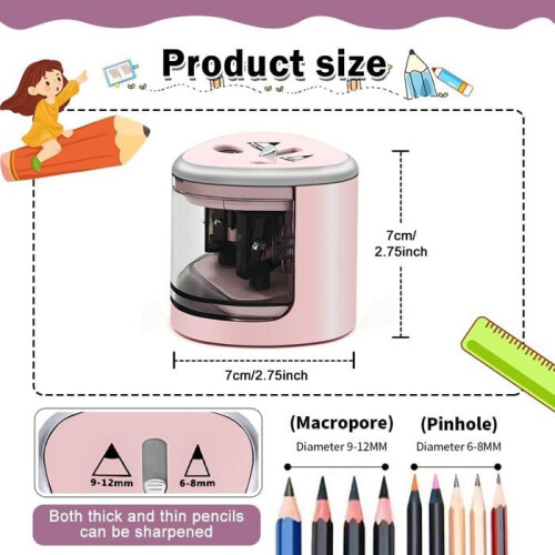 Electric pencil sharpener with battery-powered container, non-slip, double hole, automatic electric pencil sharpener for 1