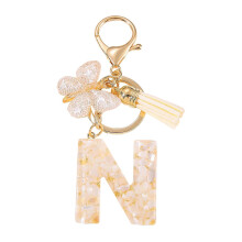 (N) Elegant Letter Keychain With Butterfly Tassels Detailing Rustproof Metal Resin Blend Practical Carry Essential Multicolor