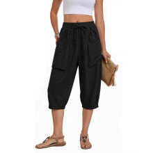 Pantalon en lin pour femmes, taille élastique, cordon-Noir XXXL