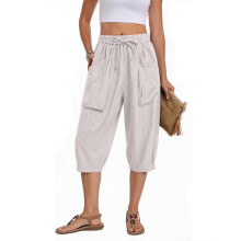 Pantalon en lin pour femmes, taille élastique, cordon de-Beige L