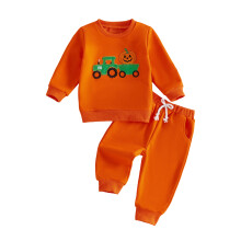 (18-24 Months, Orange) Toddler Boy Halloween Outfits Embroidery Crew Neck Sweatshirt and Pants