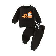 (3-4 Years, Black) Toddler Boy Halloween Outfits Embroidery Crew Neck Sweatshirt and Pants