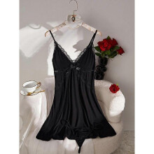 (S) Women's Solid Color Cami Nightdress & Thong Sexy Lingerie Two-Piece Set, Soft Comfortable Breathable Nightgown & Panty Set, Women's Sleepwea