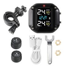 Sistema TPMS de monitoreo de presión de neumáticos para motocicleta con 2 sensores externos, cargador USB, kit de alarma de temp