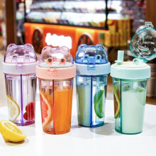 (Pink) 420ml Double Drinking Cup Separate Cup Mouth Dustproof Lid Leak-proof Heat Resistant Double Straws Drinking Bottle School Accessory