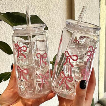 (Matches the image, 500ML Bowknot) Cute Bow Prints Mason Jar Shaped Water Bottle 500ml BPA-Free Reusable Tumbler for Coffee Juice Portable Water Jug