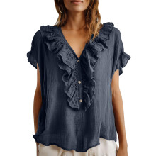 Chemises Ă manches courtes Ă volants pour femmes,-Bleu marine M