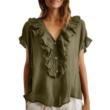 Chemises à manches courtes à volants pour femmes,-Vert armée XXL