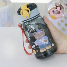 (Matches the image, 400ml) Creative Cartoon Kids Water Bottle 400/650ML Leakproof Straw Cup Portable Plastic Water Cup for Outdoor Sports