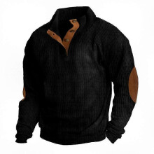 (3XL, Black) Men's Corduroy Button Up Shirt with Lapel Collar Long Sleeve Pullover Sweater