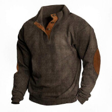 (L, Brown) Men's Corduroy Button Up Shirt with Lapel Collar Long Sleeve Pullover Sweater