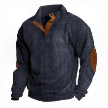 (XL, Blue) Men's Corduroy Button Up Shirt with Lapel Collar Long Sleeve Pullover Sweater
