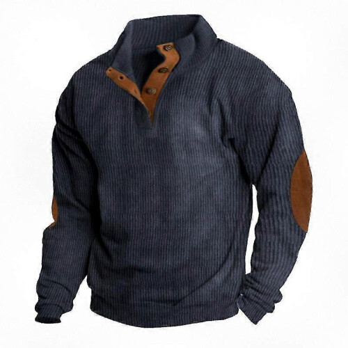 (S, Blue) Men's Corduroy Button Up Shirt with Lapel Collar Long Sleeve Pullover Sweater