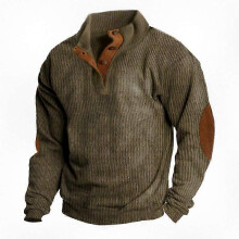 (2XL, Khaki) Men's Corduroy Button Up Shirt with Lapel Collar Long Sleeve Pullover Sweater