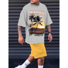 (3XL) The 2025 summer new men's suit features a retro coconut tree print for casual and fashionable outdoor wear