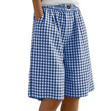 Women Gingham Knee Length Shorts Baggy Pajama Shorts-Blue M