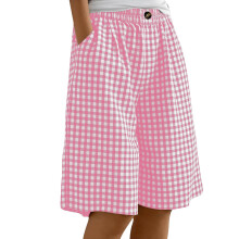 Women Gingham Knee Length Shorts Baggy Pajama Shorts-Pink XL