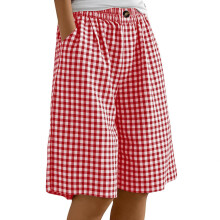 Women Gingham Knee Length Shorts Baggy Pajama Shorts-Red L