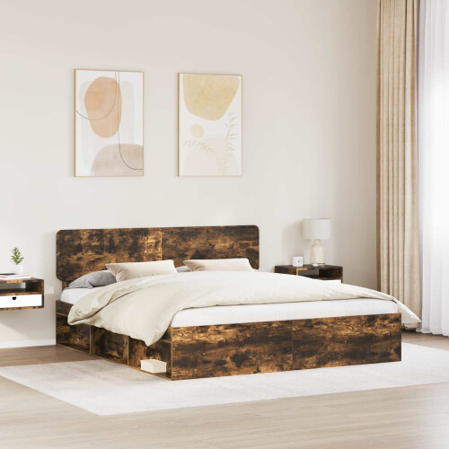 VidaXL vidaXL Bed Frame Smoked Oak 200 x 200 cm Solid Pine Wood 1